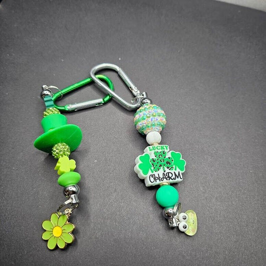 2 Key Ring Bag Charm St Patty Patrick Day Green Hat Lucky Handmade Clip Gift