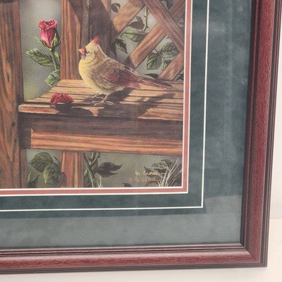 Sweethearts Print with Red Cardinal Bird & Rose Flower by Gregory Clair 20"x29"