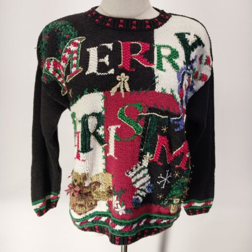 Tiara International Merry Christmas Sweater Size S Shoulder Pads Holiday Scene