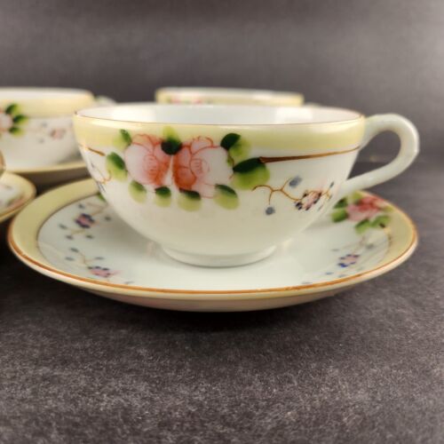 TT Triangle 4 Cup & Saucer Sets Pink & Yellow Roses Antique Japan 1 Cup Chipped