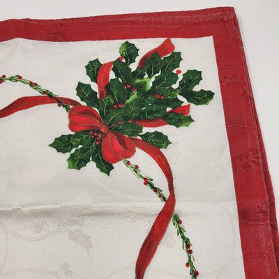 Set of 4 White Red Christmas Napkins 17x16" Holly Design Red Border Hemmed