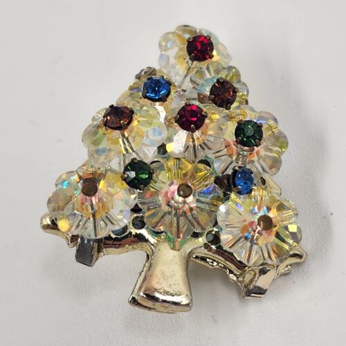 Crystal Christmas Tree Brooch Pin With Red and Green Rhinestones Vintage