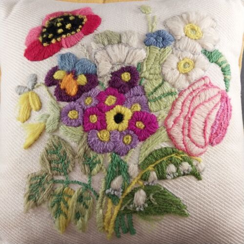 Needlepoint Crewel Floral Pillow Spring Flowers Stuffed Handmade Throw Accent