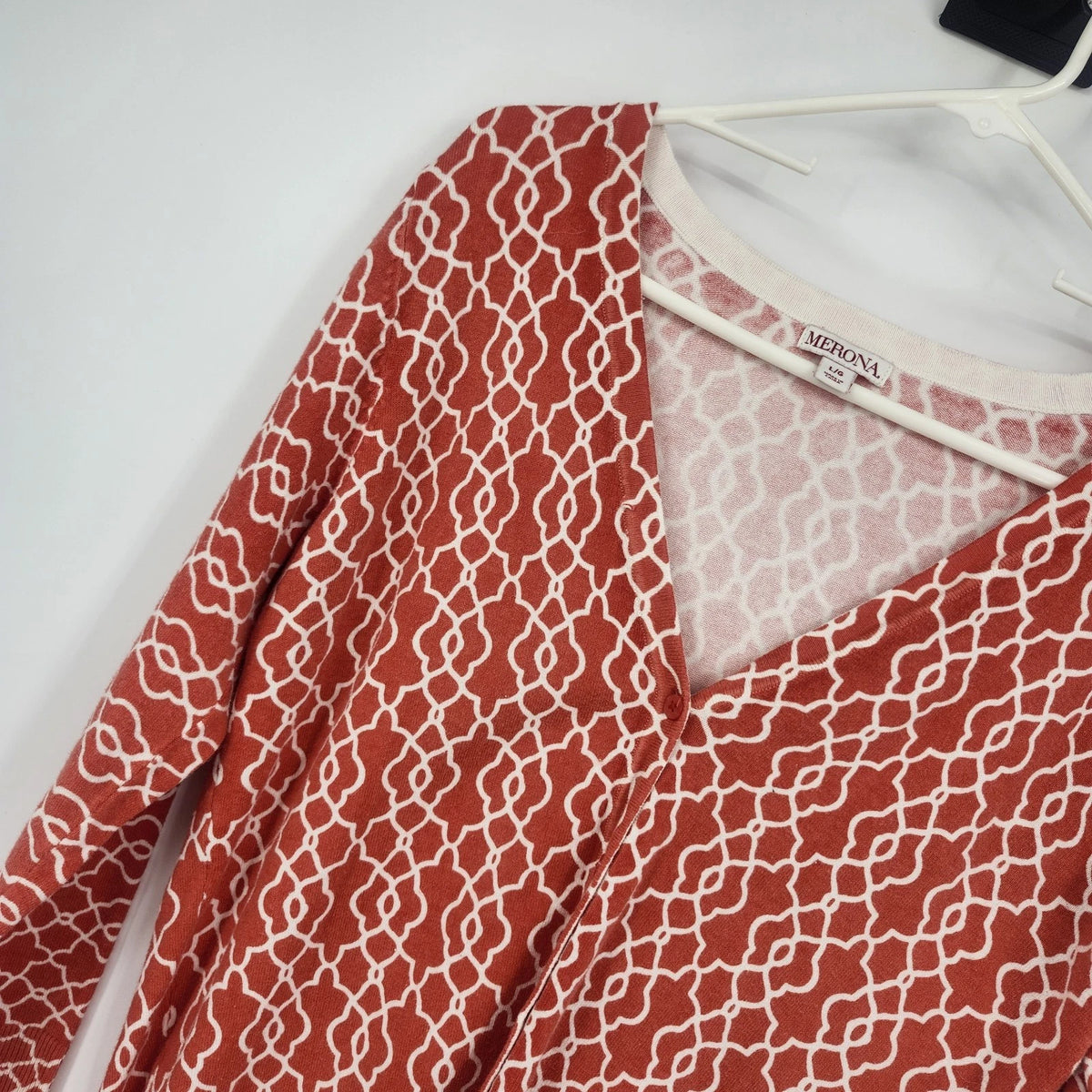 Merona Women's L/G Cardigan Top Orange Geometric Pattern Button Front V Neck
