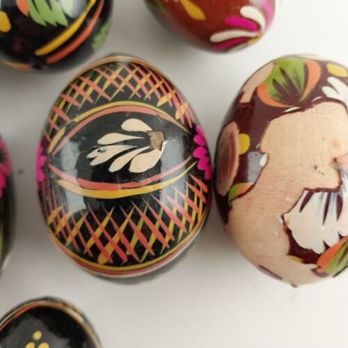 9 Brightly Decorated Easter Eggs Wood Ukrainian or Russian Plastic Covered