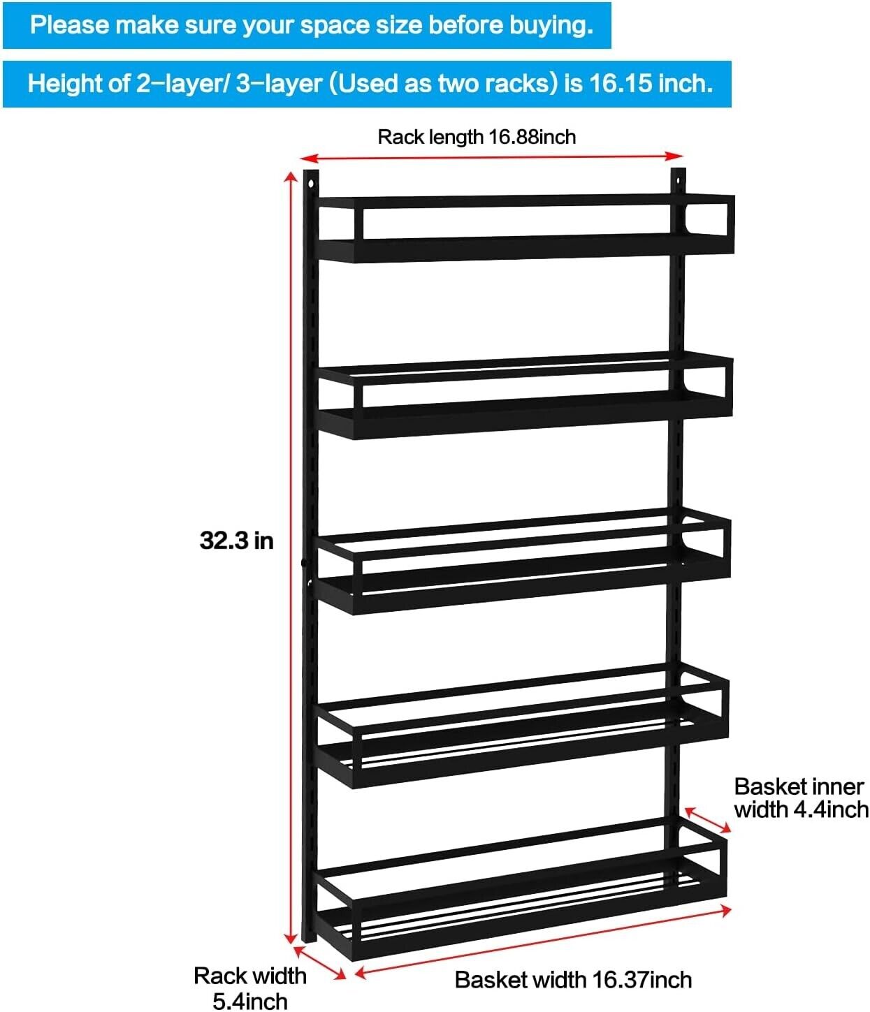 Wall Mount Spice Rack Organizer 5 Tier Height-Adjustable Hanging Spice ...