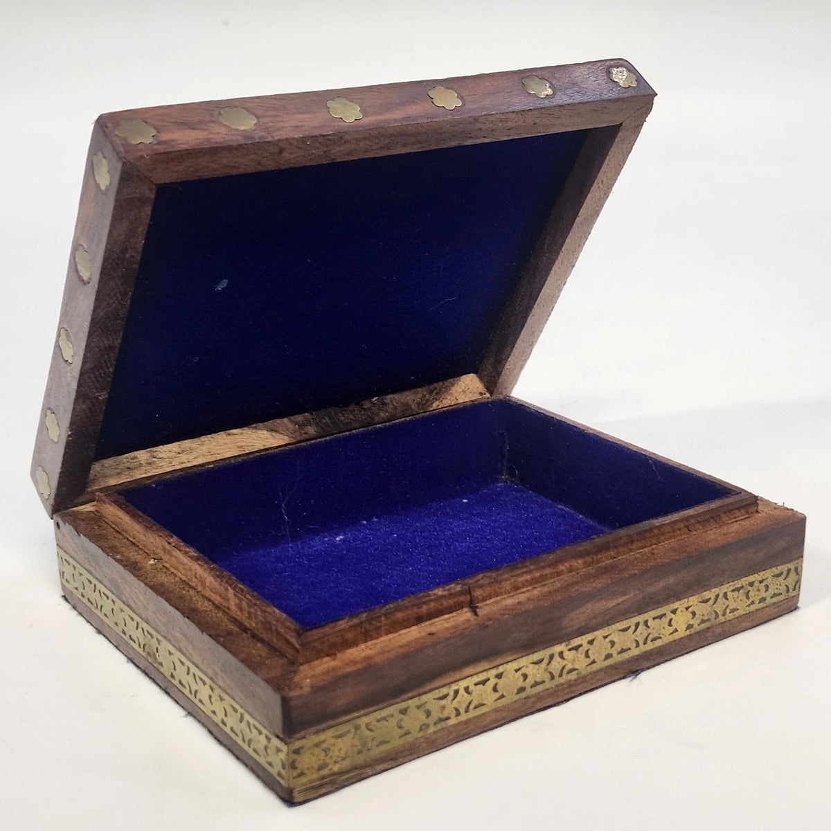 Wood Jewelry Trinket Box Painted Woman Deer Brass Inlay Purple Velvet 5.25"