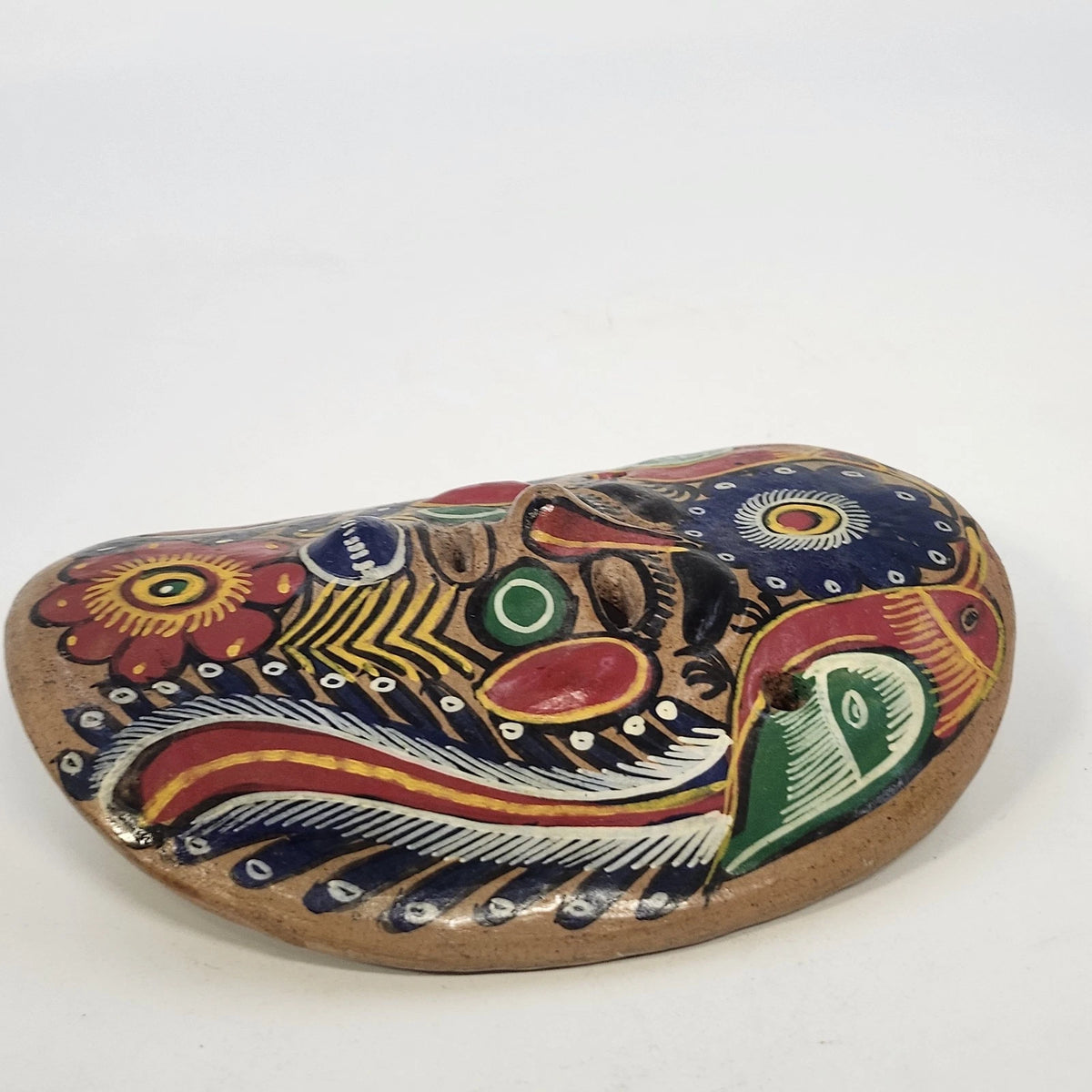 Hand Painted Natural Clay Wall Mask Bird Floral Folk Art 6" x 5" Mexican Pottery
