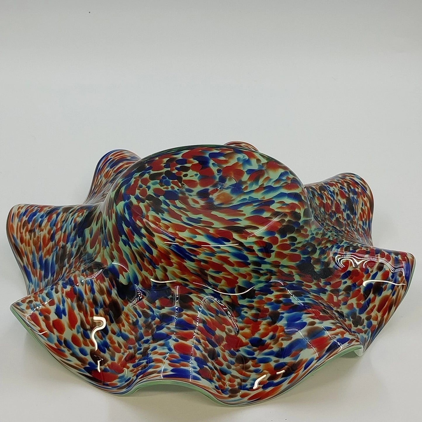 Hand Blown Art Glass Ruffled Bowl White Cased Multicolor Spun Spatter 12" Wide