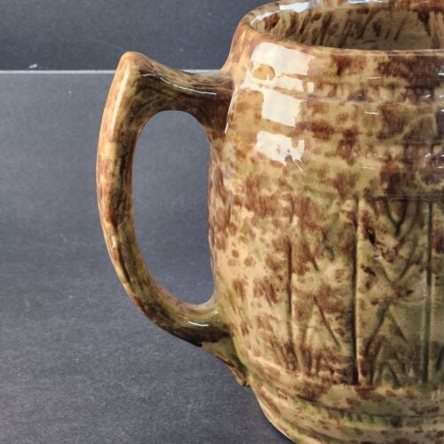 Beige & Brown Ceramic Spongeware Pitcher Morton Pottery Vintage Barrell Style