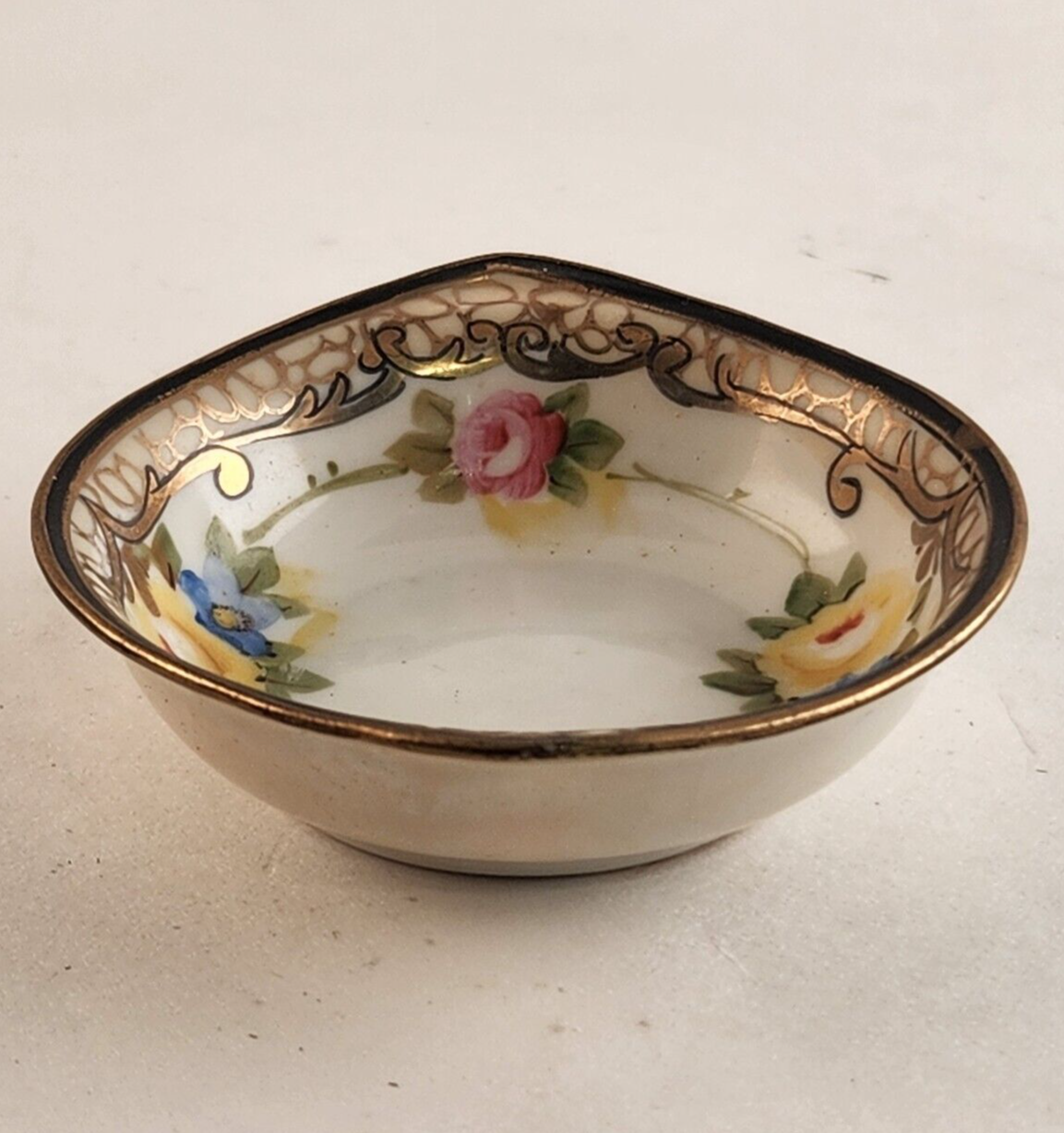 Nippon China Salt Cellar Trinket Dish Hand Painted Gold Floral Butter Pat Bowl