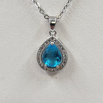 Silver Tone Chain w White Gold Plated Austrian Blue Teardrop Stone Necklace 10"