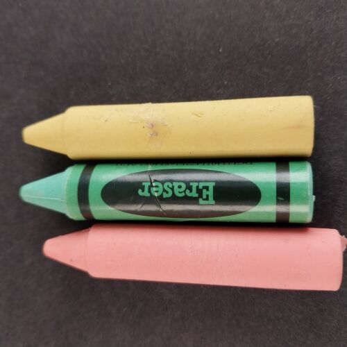Eraser Crayons Orange Green Yellow Lot of 3 Vintage
