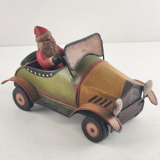 Department 56 TOYS IN THE ATTIC Metal Santa Claus Driving Car Tin Christmas Vtg