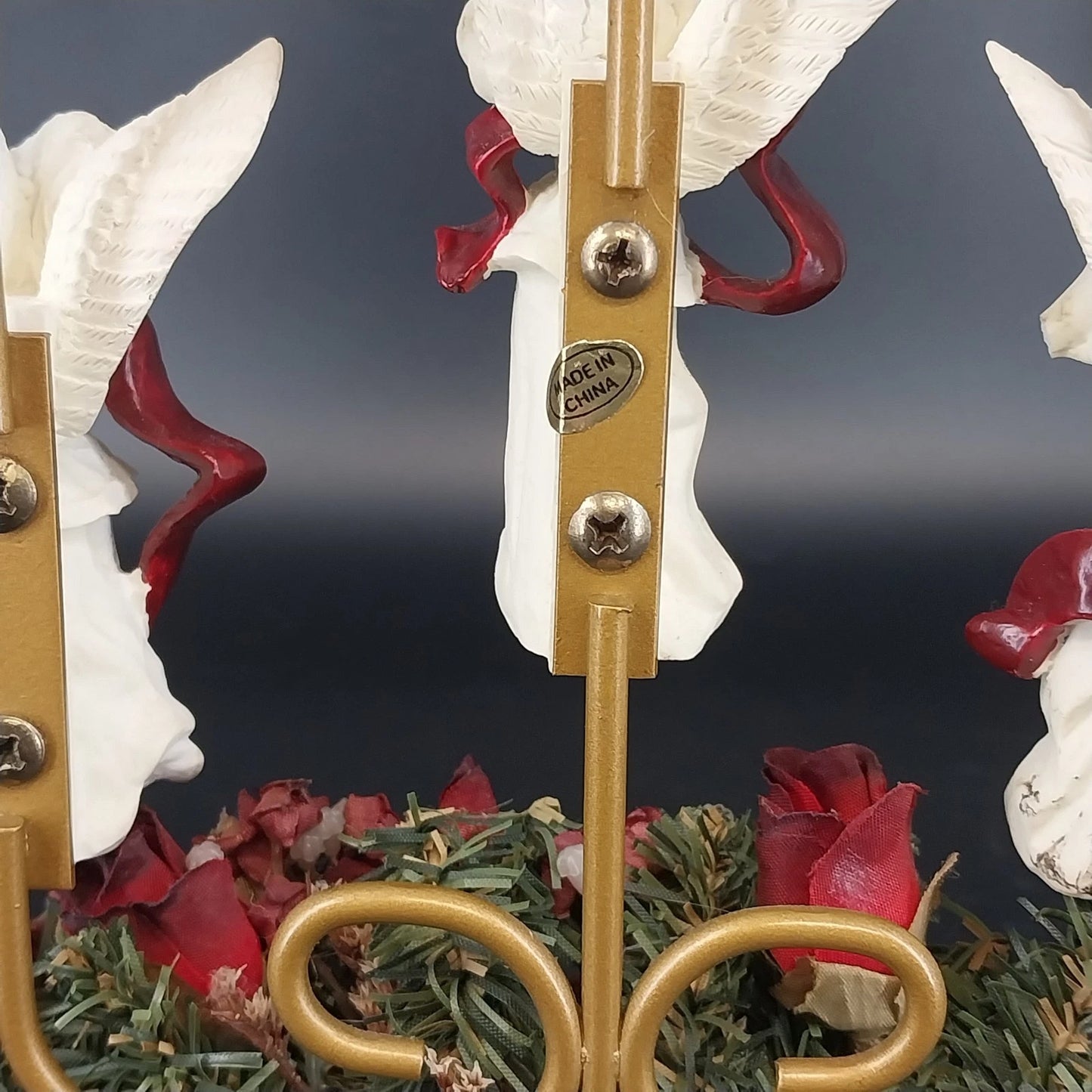 Angel Trio 3-Candle Holder Burgundy Floral Wreath Christmas Centerpiece 9"