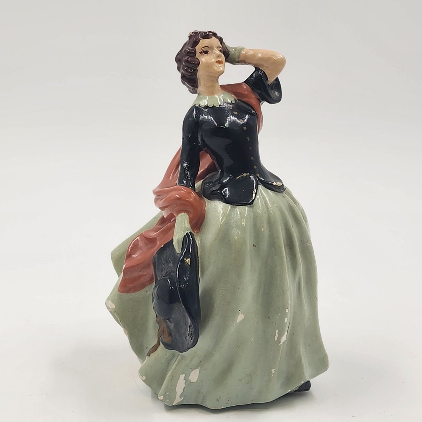 Chalkware Lady in Tex-Mex 19th Century Attire Black Top Green Skirt VTG