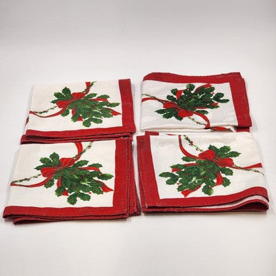 Set of 4 White Red Christmas Napkins 17x16" Holly Design Red Border Hemmed