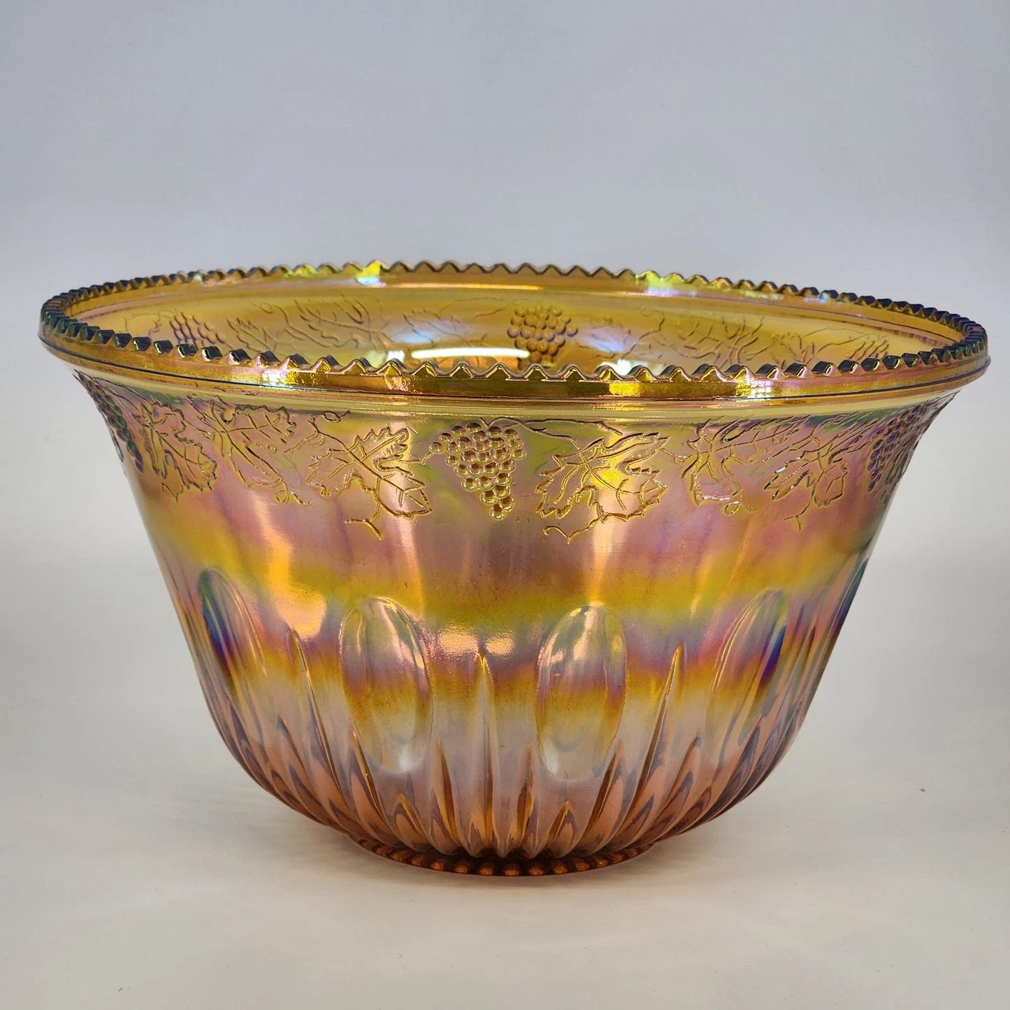 Indiana Carnival Glass Punch Bowl 7 Qt Iridescent Amber Gold Harvest Grape 12"d