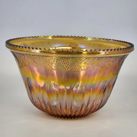 Indiana Carnival Glass Punch Bowl 7 Qt Iridescent Amber Gold Harvest Grape 12"d