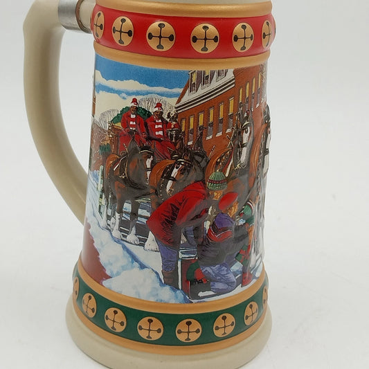 Budweiser Holiday Stein Hometown Holiday Ceramarte Clydesdales Vtg Mug Cup 1993