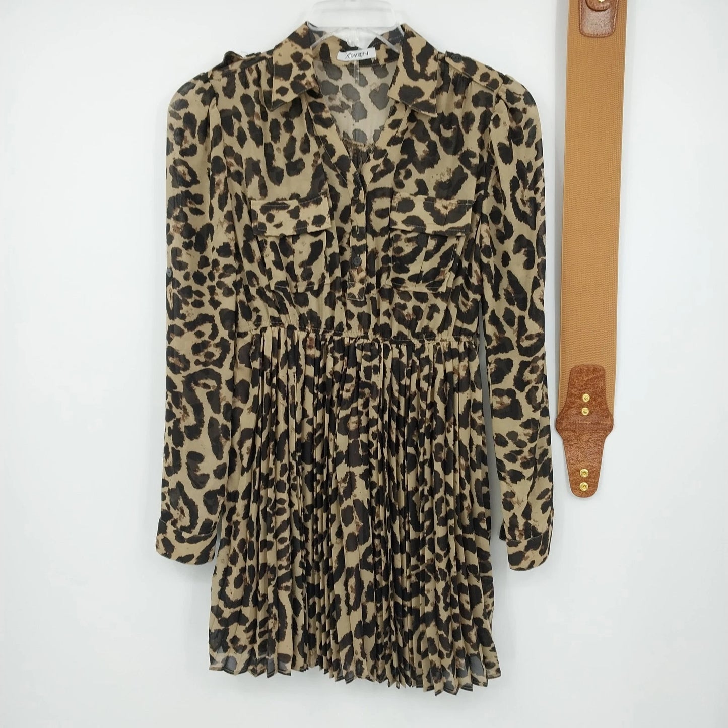 Xtaren Women's Leopard Print Sheer Pleated Mini Shirt Dress Long Sleeve Small