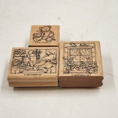 3 Wood Rubber Stamps Greeting Theme Bear Thank you Hello Stampin' Up! 1999