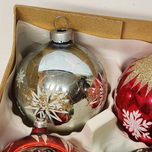 6 Mercury Glass Glitter Christmas Ornaments Marathon Franke East Germany Box Set