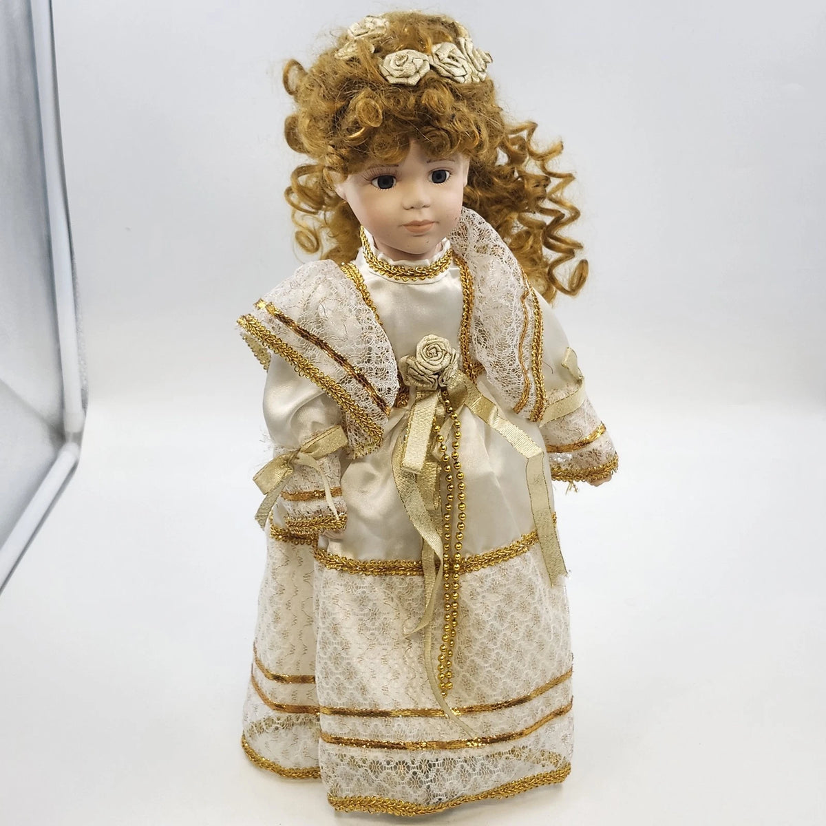 Porcelain Victorian Lady Doll Auburn Curls Cream Gold Dress 16" Vintage Taiwan