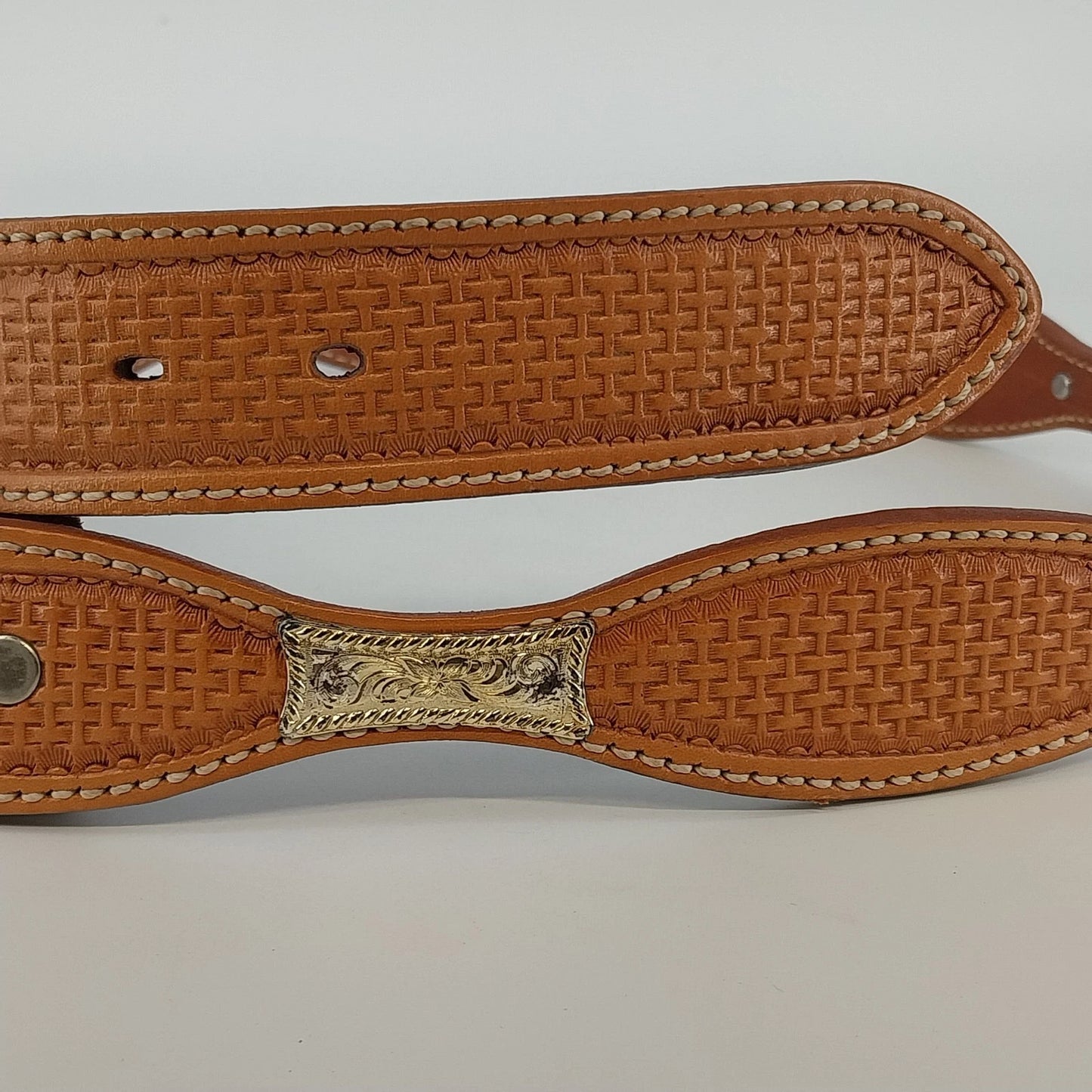 Brown Leather Basketweave Ranger Belt No Buckle 1.5" Marked 38 Vintage JJ Stamp