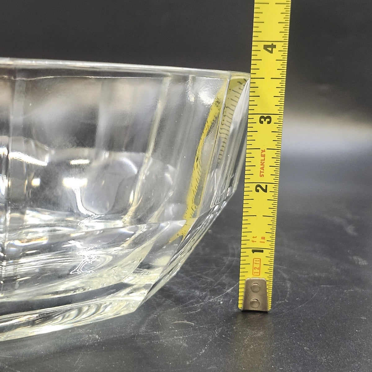 Clear Glass 10 Sided Serving Bowl 8.5" Heavy Paneled Thick Faceted Sides Vtg