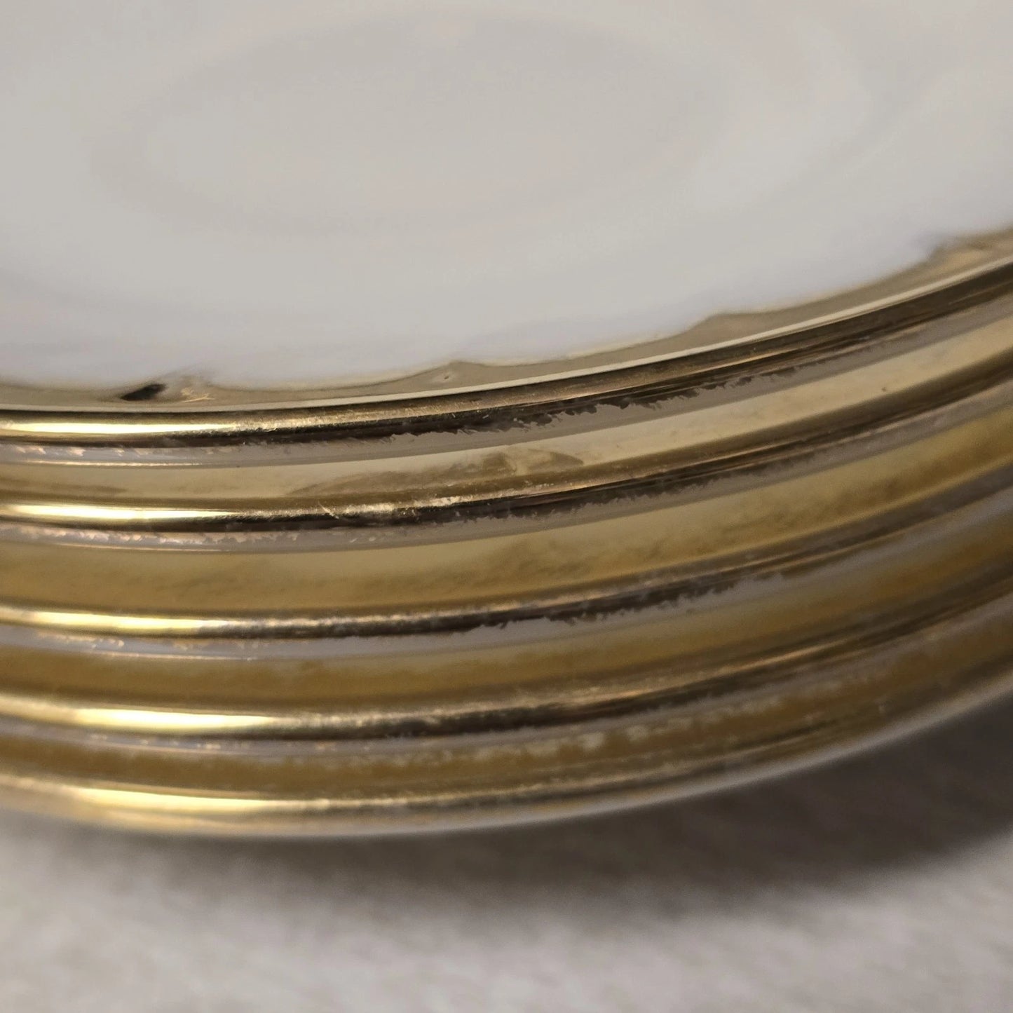 5 Saucers Anchor Hocking Fire-King White Swirl Milk Glass Gold Trim Vintage