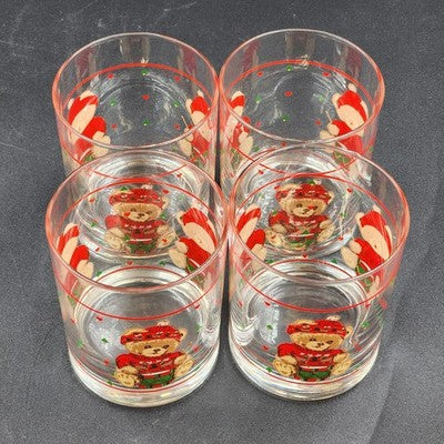 Vintage Tienshan Theodore Country Bear Christmas Glasses – Set of 4 Double Old Fashioned Tumblers – Holiday Barware – 4.25” Tall