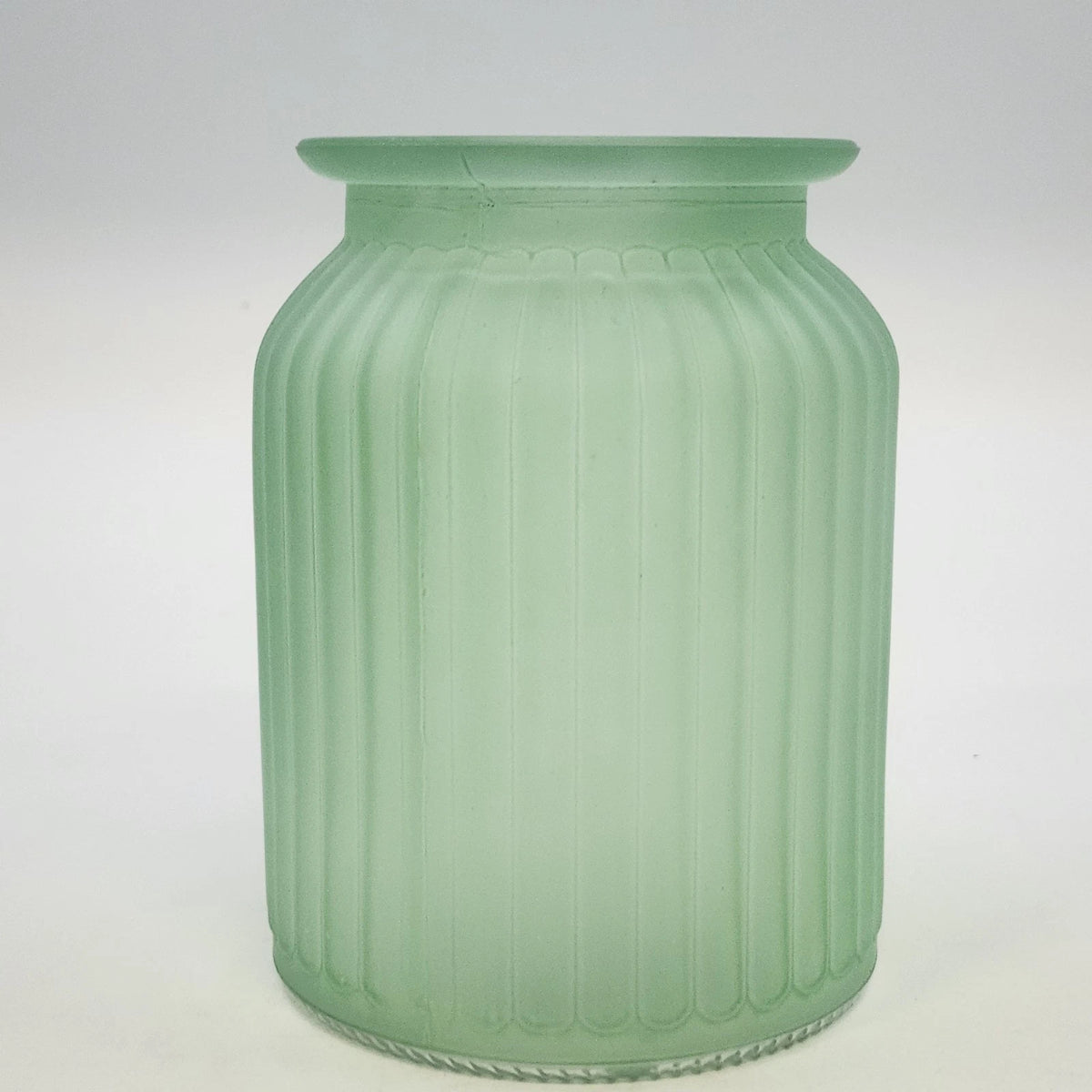 Frosted Glass Sage Green Vase 5.75" Textured Ribbed & Wide Flared Rim Vintage