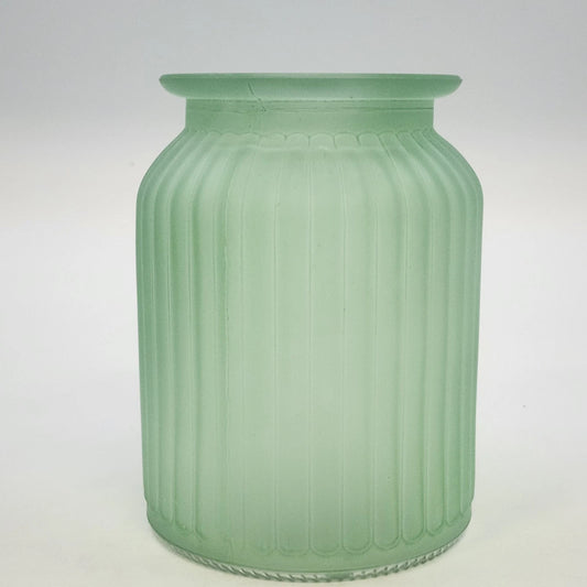 Vintage frosted sage green ribbed glass vase with flared rim