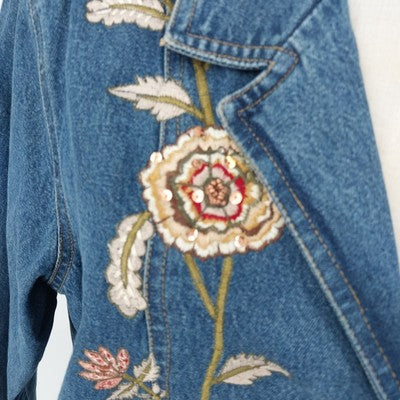Country Door Blue Denim Jacket XL Floral Embroidery Wood Button Front Women's