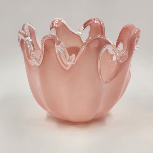 Murano Glass White Crystal Pink Bowl Handmade Italy Italian Glass Mouth Blown