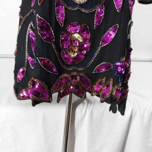 Steney Silk Top Black Pink Sequin Floral Leaf Short Sleeve Zipper Closure Large