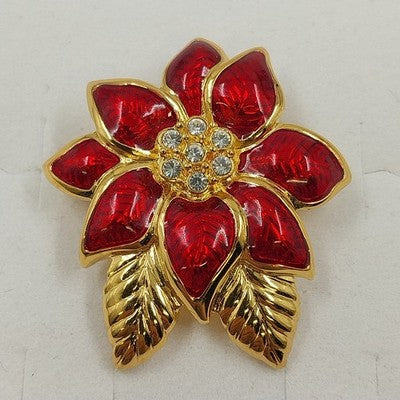 Monet Christmas Red Poinsettia Flower Gold Tone Enamel Rhinestones Brooch Pin