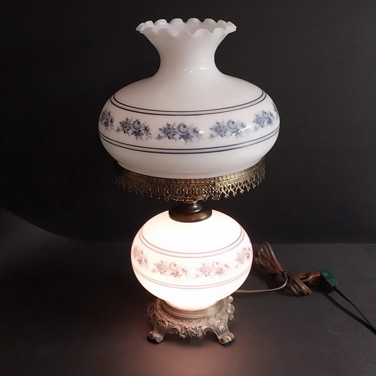 White Blue Floral Milk Glass Hurricane Lamp 22.5" 3-Way Light & Night Light Vtg