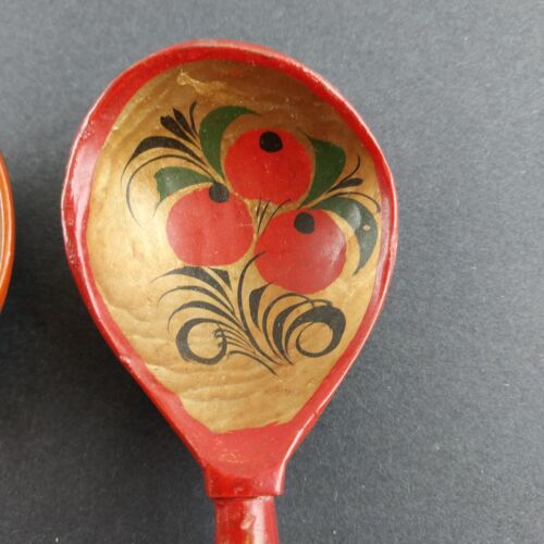 3 Wood Spoons Hand Painted Russian Khokhloma Lacquerware USSR Vintage Sizes Vary