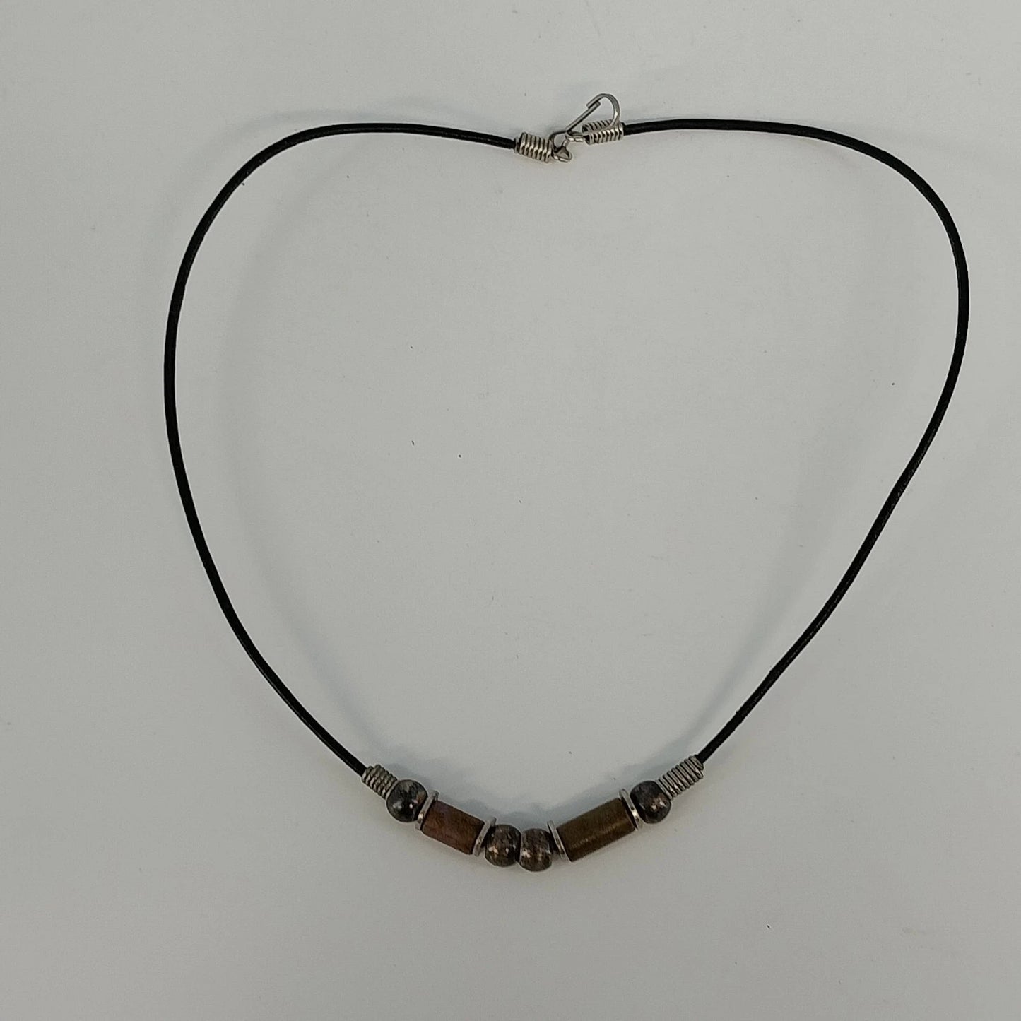 Liska Bali Black Leather Cord Necklace Wood Metal Beads Hook Clasp 17" Bohemian