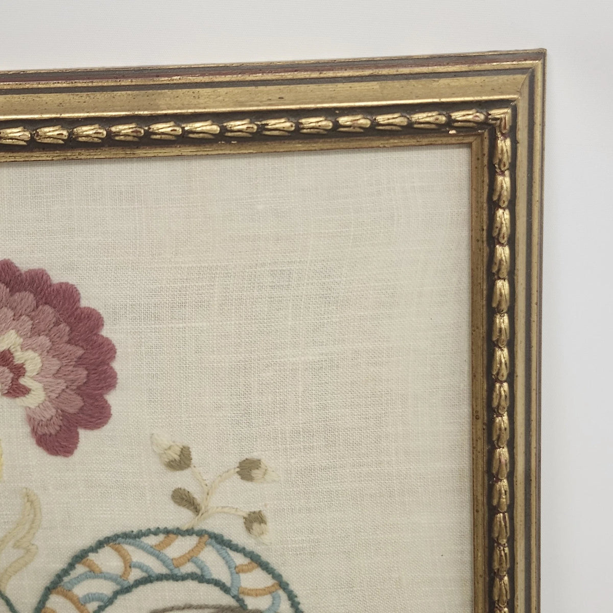 Framed Crewel Embroidery Tree of Life Peacock Floral Folk Art Signed KDC Vintage