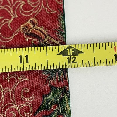 Red Table Runner Scrolled Ends White Tassels 70” x 12” Gold Motif Christmas Drum