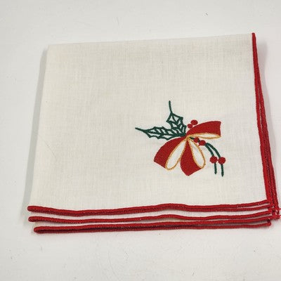 Set of 6 White Christmas Napkins 16" Red Hem Embroidered Holiday Designs