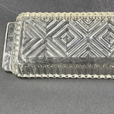 Clear Glass Relish Tray Dish X Pattern Ribbed Sawtooth Edges Handles 10" Serving