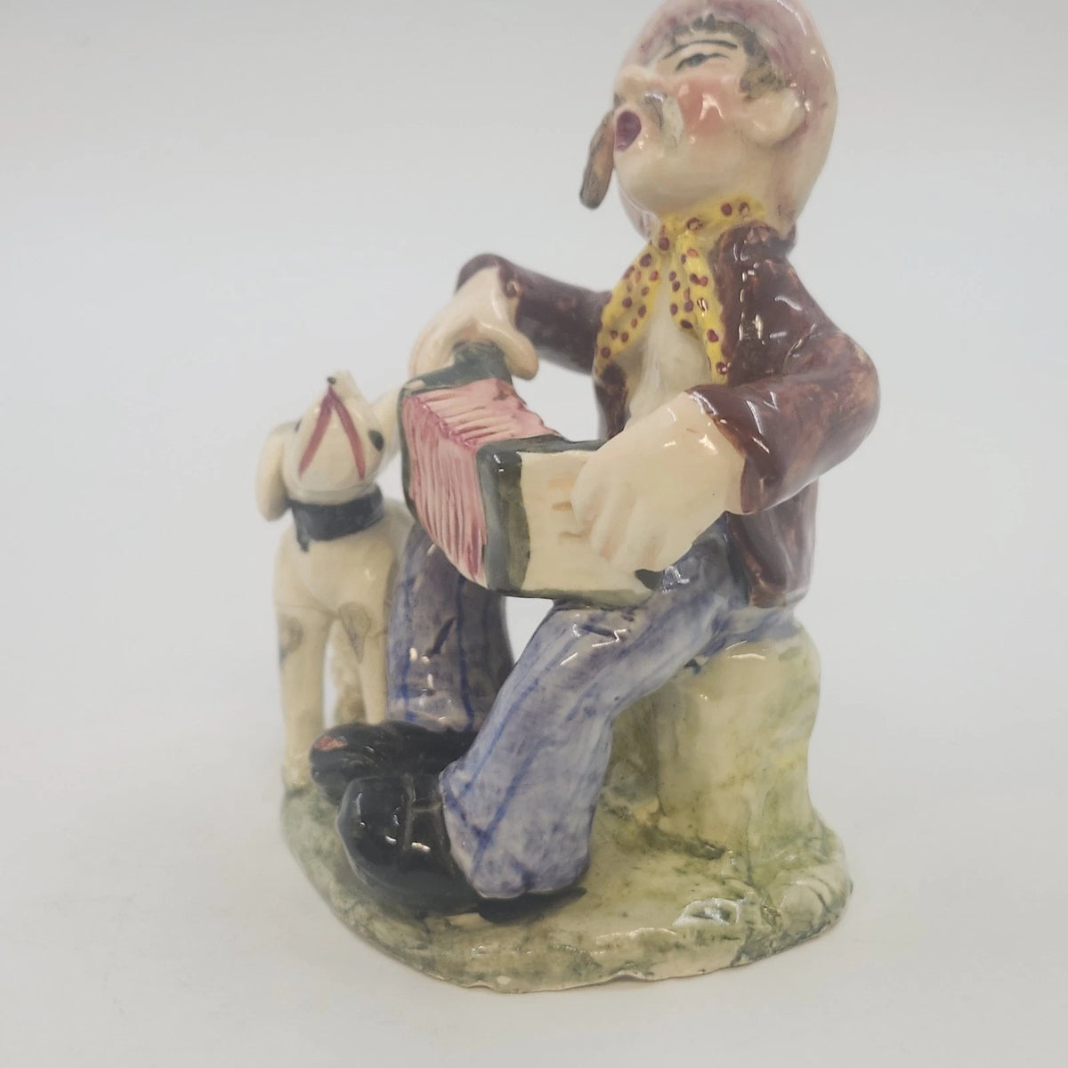 Italian Ceramic Man Accordion Dog Figurine 5" Green Base Hand Painted Vtg