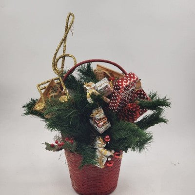 Pine Basket Christmas Centerpiece 15" Pinecone Greenery w Gifts & Music Symbols