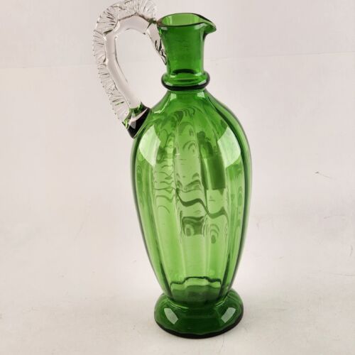 Hand Blown Green Glass Cruet 9½" Hand Painted Girl & White Foliage No Stopper