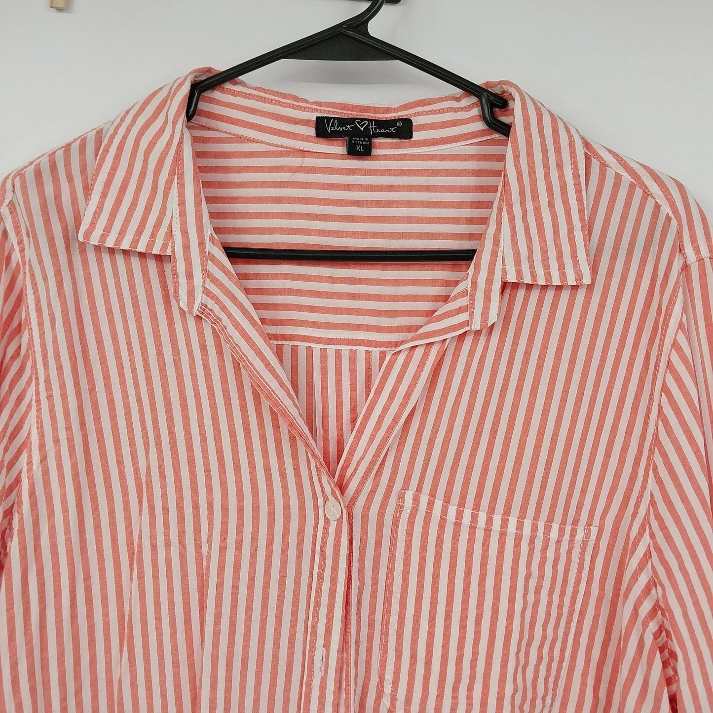 Velvet Heart Women's Peach White Striped Button Down Blouse Roll Tab Sleeve XL