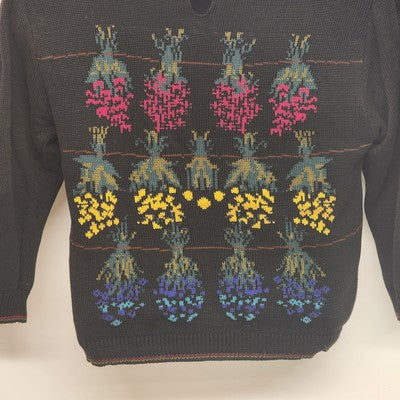 Cullinane Black Silk Blend Sweater L Floral Embroidery Shoulder Pads Vintage